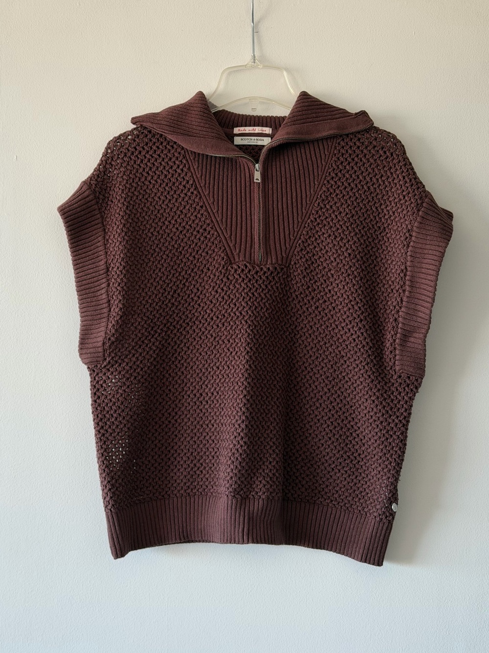 Scotch & Soda Chunky Open Knit Quarter Zip Sweater Vest Brown Size Large